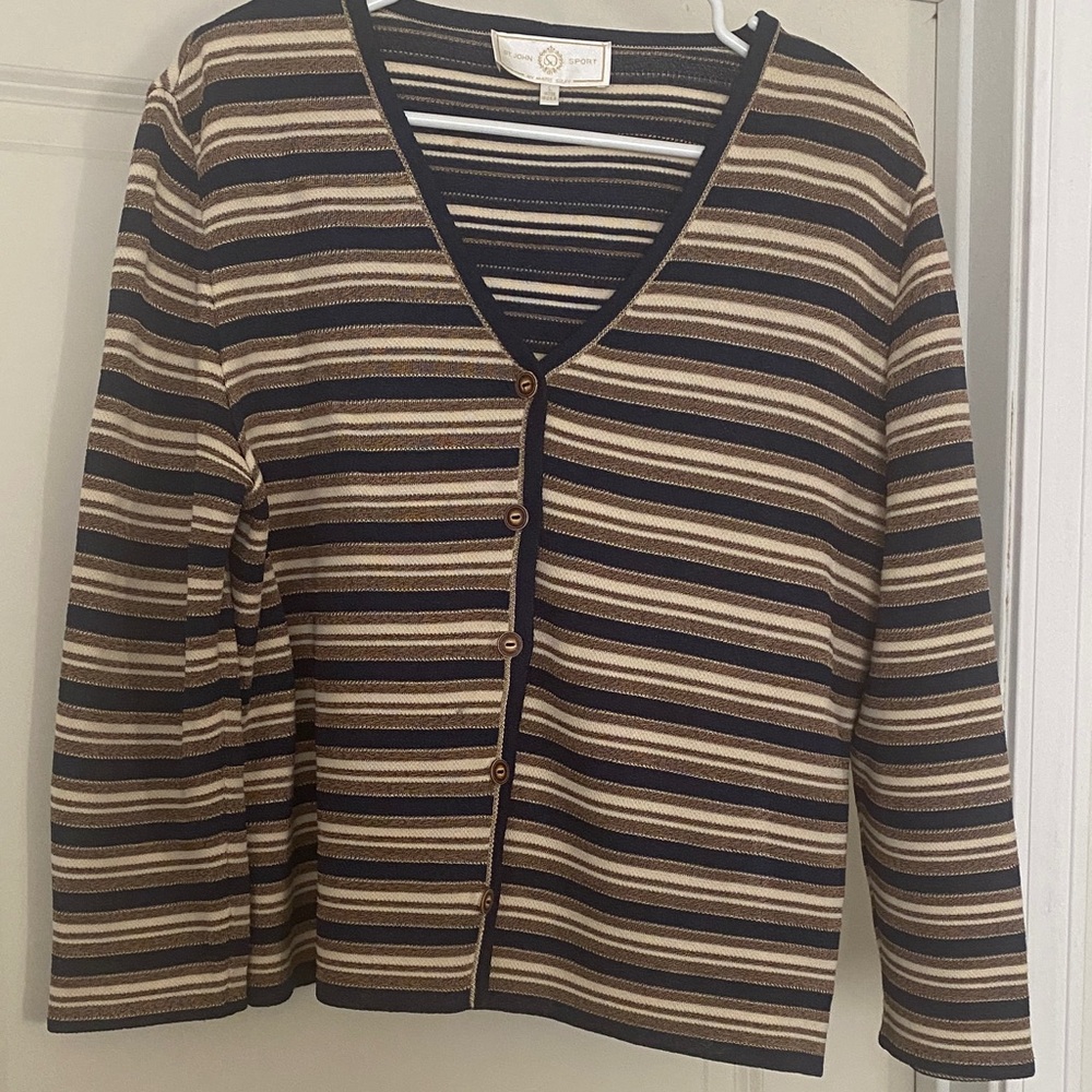 St. John Sport Navy, Ivory and Gold Striped Cardigan Size Large